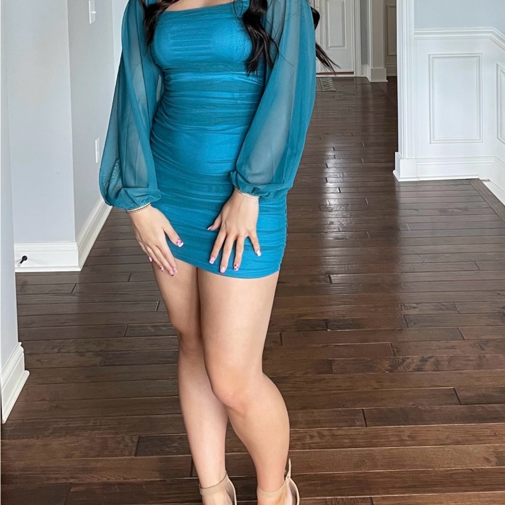 Elegant Teal Dress with Sheer Sleeves